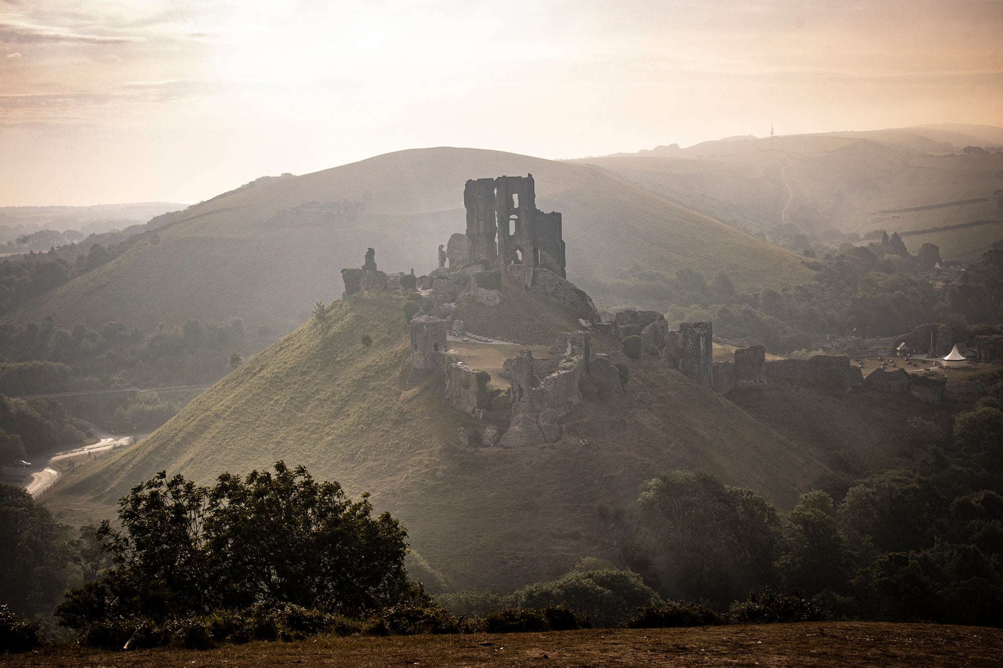 Corfe Castle in the early morning light - England